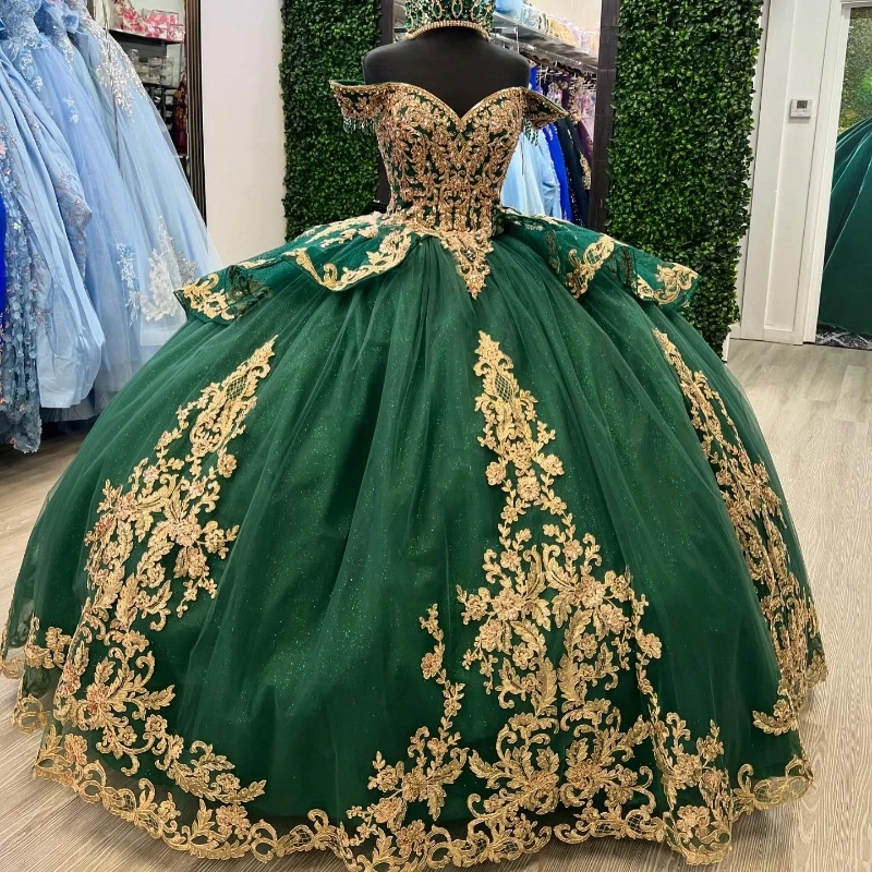 Blacking Green Shiny Quinceanera Dresses Ball Gown Off The Shoulder Gold Applique Lace Beads Tull Party Birthday Sweet 16 Dress Vestidos 15 Anos