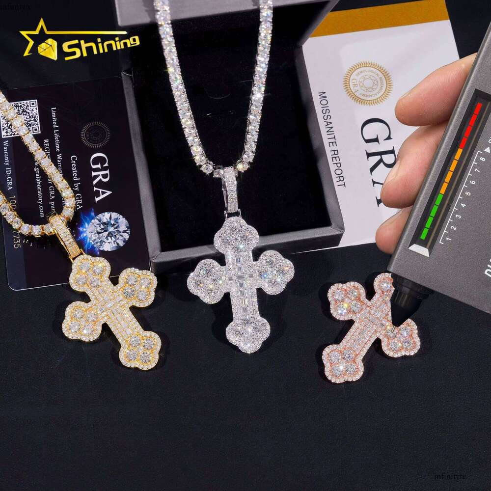 Custom Tennis Chain Sterling Sier Vvs Moissanite Hip Hop Iced Out Jewelry Fashion Cross Pendant