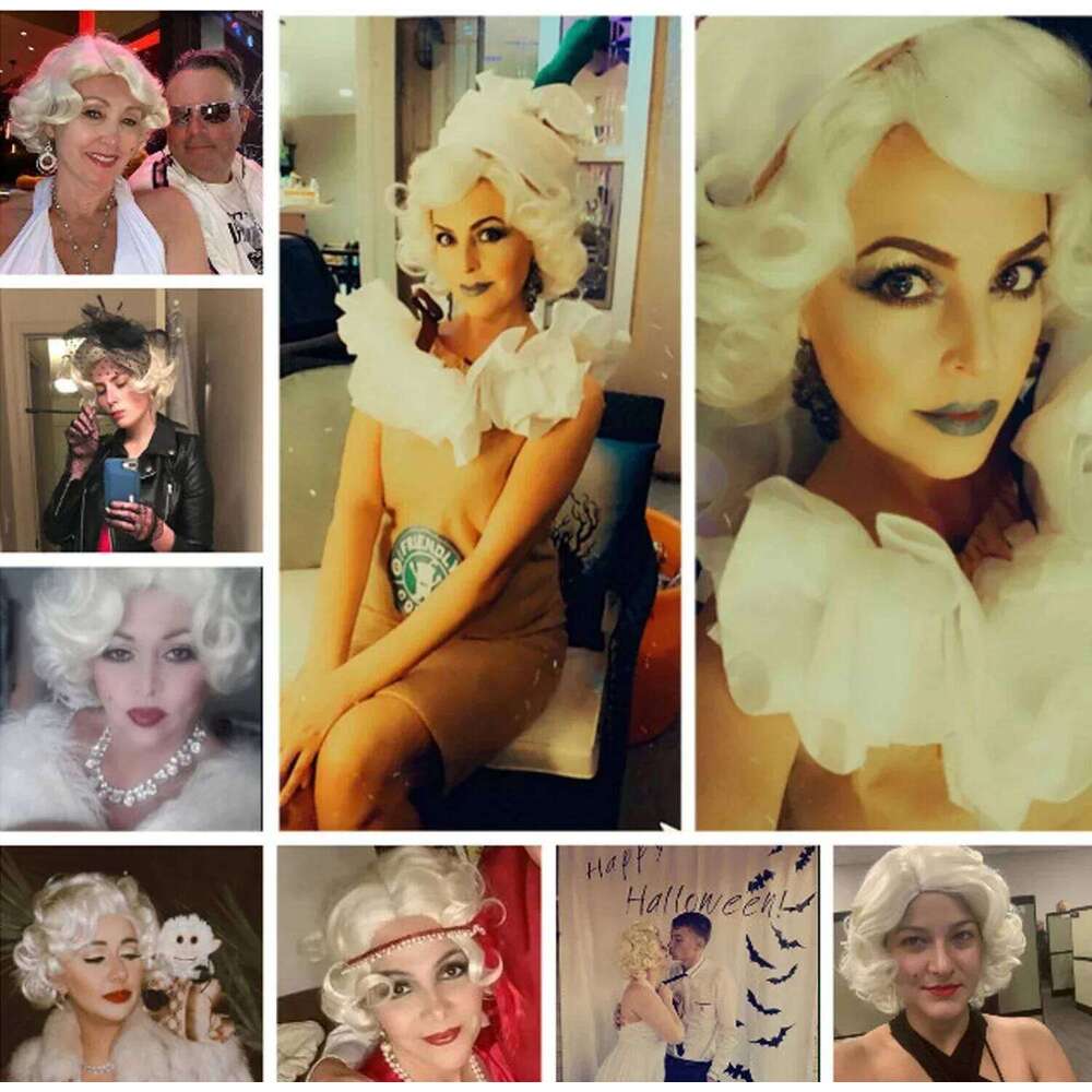 GNIMEGIL Synthetic Cosplay Wig Short Curly Hair Platinum Blonde for White Women Fluffy Curls Flip 60s Gatsby Hairstyle Wigs