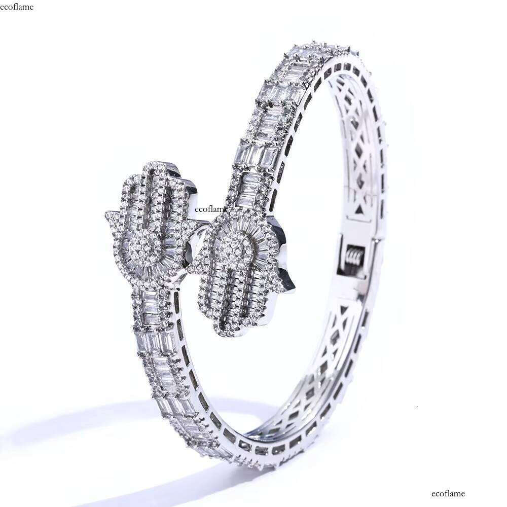 NUOYA Hip Hop Jewelry Micro Pave Baguette CZ Stone Iced Out Hamsa Hand Charm Bangle Bracelet for Men Women