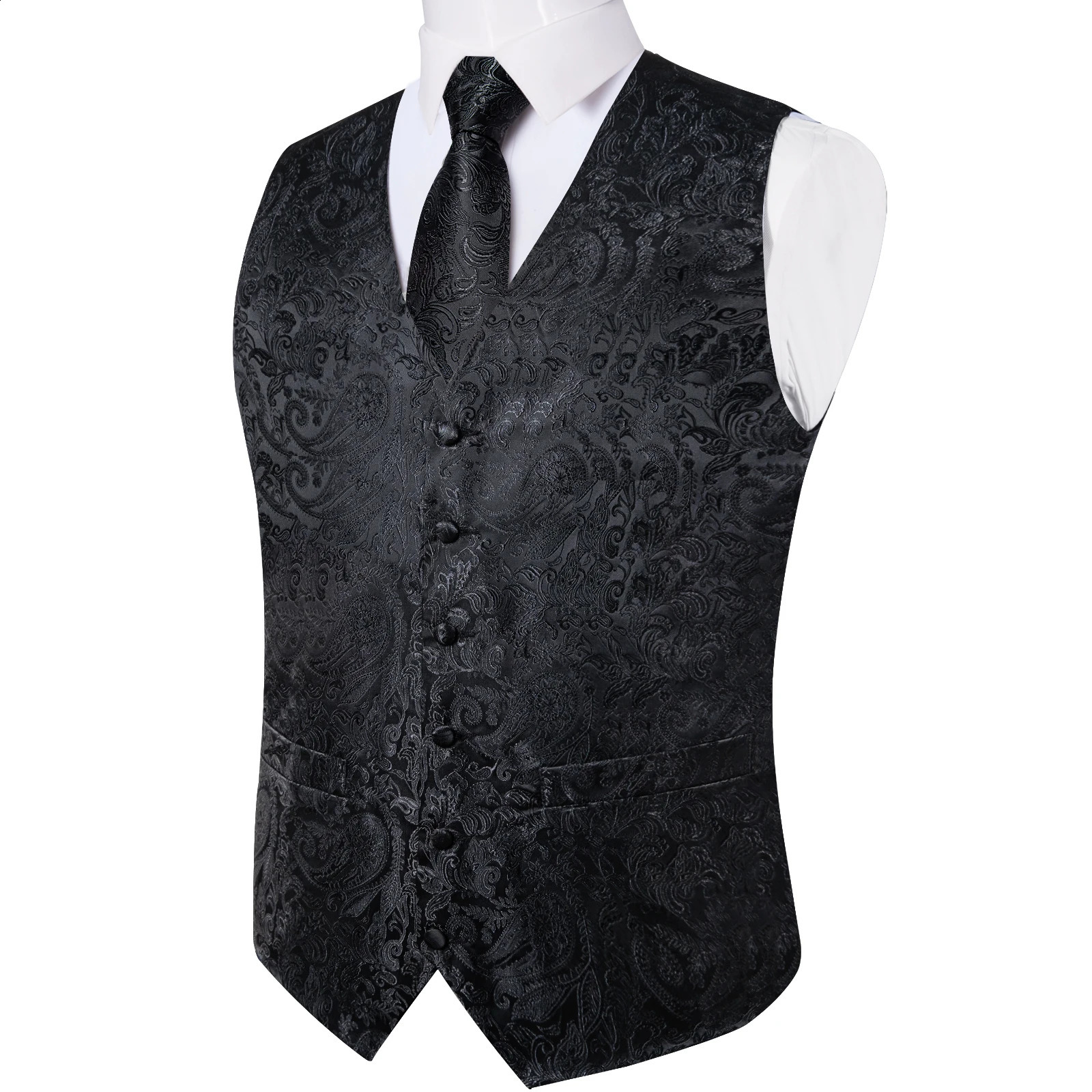 Suit Vest for Men Black Solid Paisley Wedding Prom Groom Jacquard Silk Waistcoat with Necktie Tuxedo Clothing DiBanGu 250809