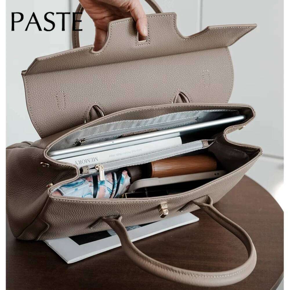 New high-end feeling classic gray business handbag simple natural cowhide women's office commuter women's shoulder bag