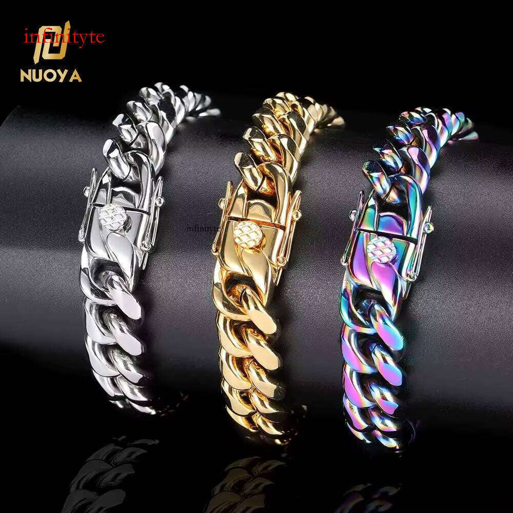 NUOYA 10mm Stainless Steel Link Unisex Gold Plated Hip Hop Cuban Chain Bracelet for Men and Women Party Gift