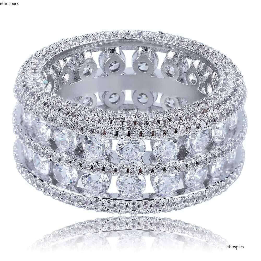 Double Rows Rings Hip Hop Shining Real Gold Plated Cubic Zircon Dia Finger Ring Jewelry
