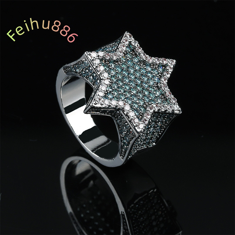 Moissanite Bedazzled Chunky Six Pointed Star Championship Rings Hip Hop Fashion Ring Outfit Jewelry