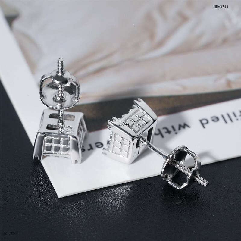 Hip-Hop Classic Square Unisex Sier Moissanite Full Inlay Personality Trendy Brand Earrings