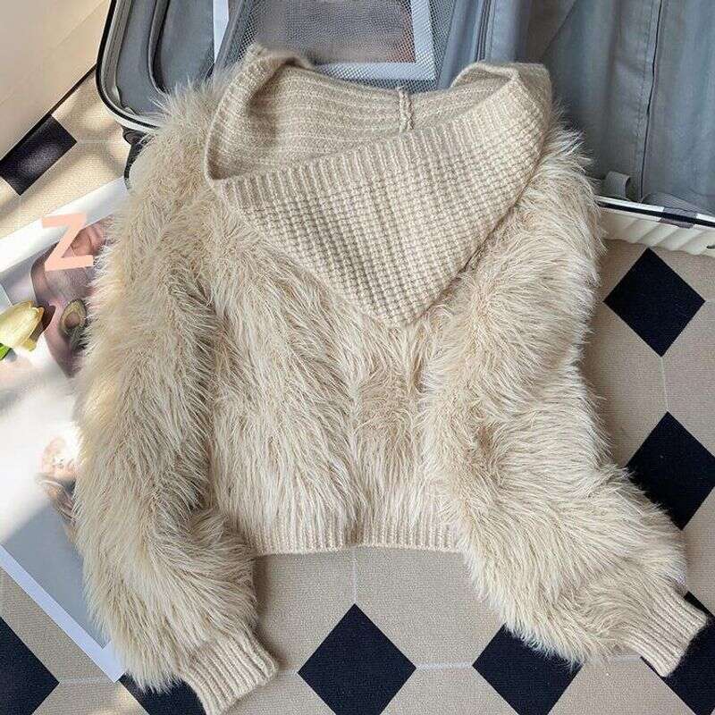 Women's Clothing Faux Mink Fur Cardigan For Women - Soft Cozy Hooded Knit Sweater With Geometric Pattern, Regular Fit, Long Sleeve, Khaki