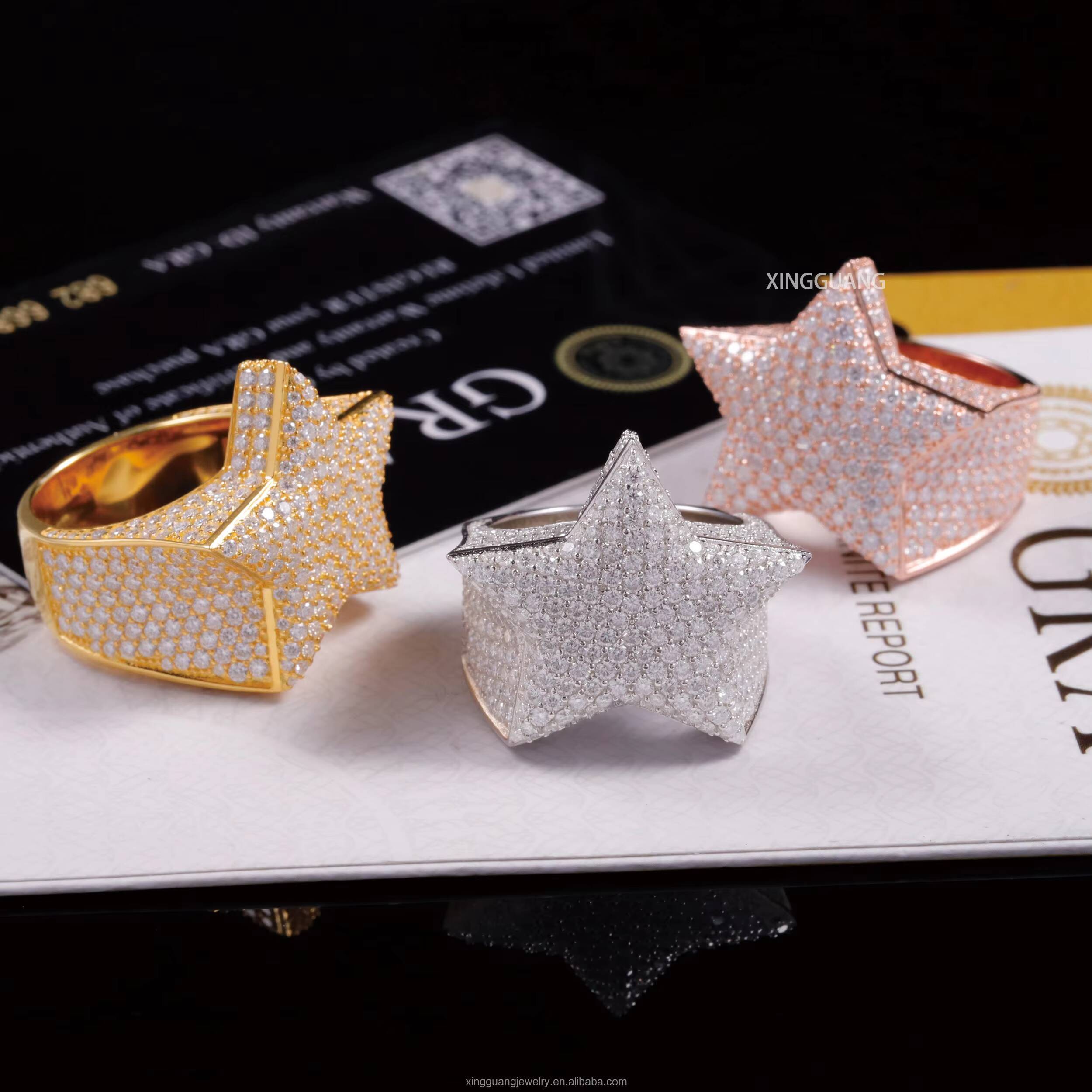 Hot Sale Gold Plated 6#~13# Full Size Lucky Star Ring Ice Out Moissanite Hip Hop Style Cuban 925 Sterling Silver Rings for Men