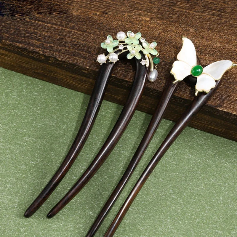 Ebony wood U-shaped Hairpin Ancient style Advanced feeling Chinese Style Pearl Hairpin Retro style Simplicity Updo Double ha 250807