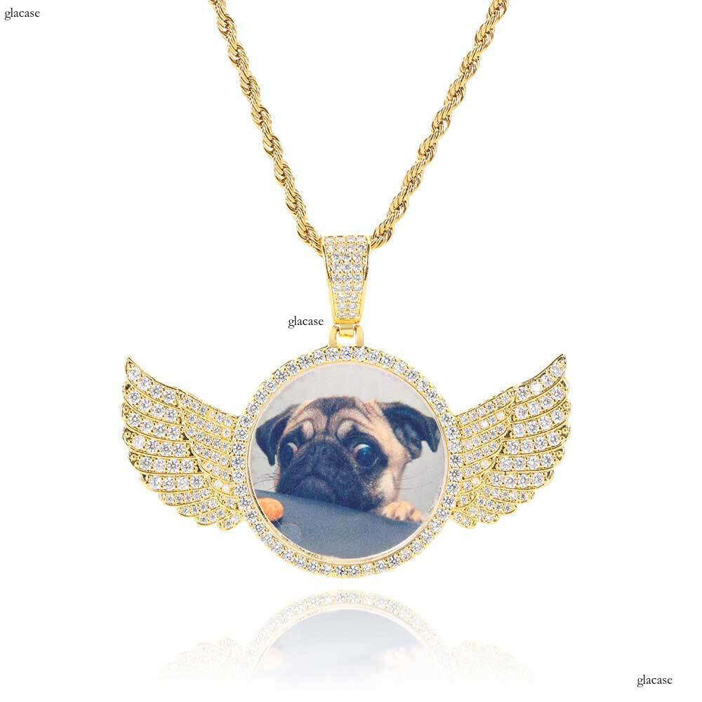 Hip Hop Jewelry Angel Wings Round Pendant Micro Inlaid Moissanite chain DIY Personalized Creative Photo Frame Necklace