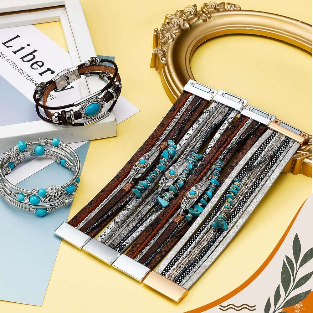 uoise Leather Bracelet Western Jewelry for Women Multilayer Boho Cuff Bangle Set