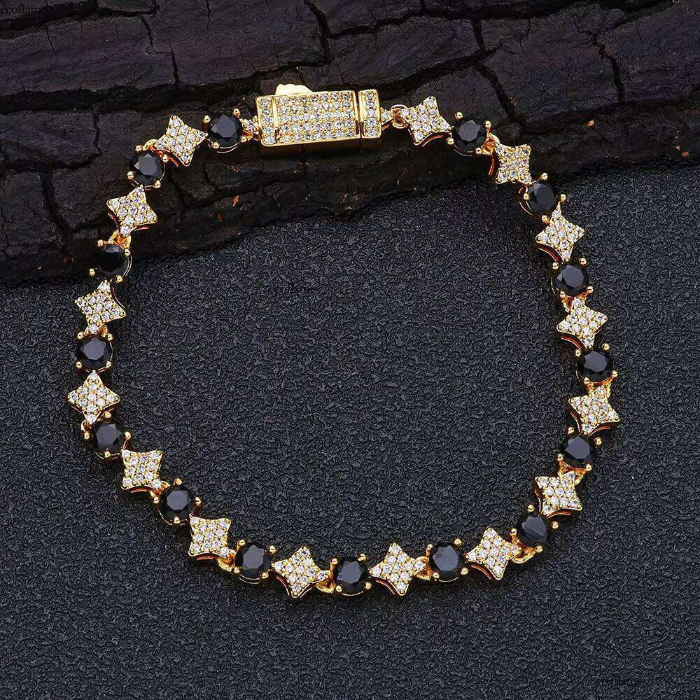 NUOYA High Quality Star Shape Chain with Black CZ Stone 6mm Sier Plated Tennis Bracelet Hip Hop Jewelry for Women/Men