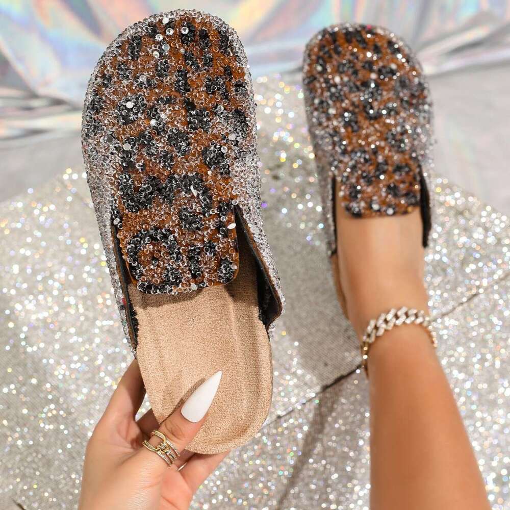 Pointed Toe Half Slip-On for Women Leopard Print Summer Outdoor Fashion Flat Sandals Soft Sole Internet Celebrity Lazy Women's Shoes