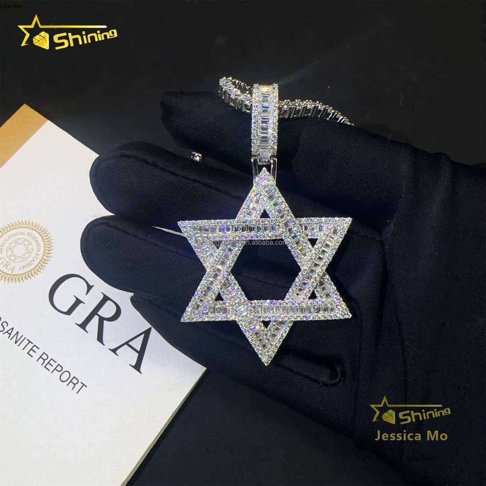 Drop Shipping Hot Selling Iced Out Rapper Sier Vvs Baguette Moissanite Dia Hip Hop Star Pendant Necklace Set