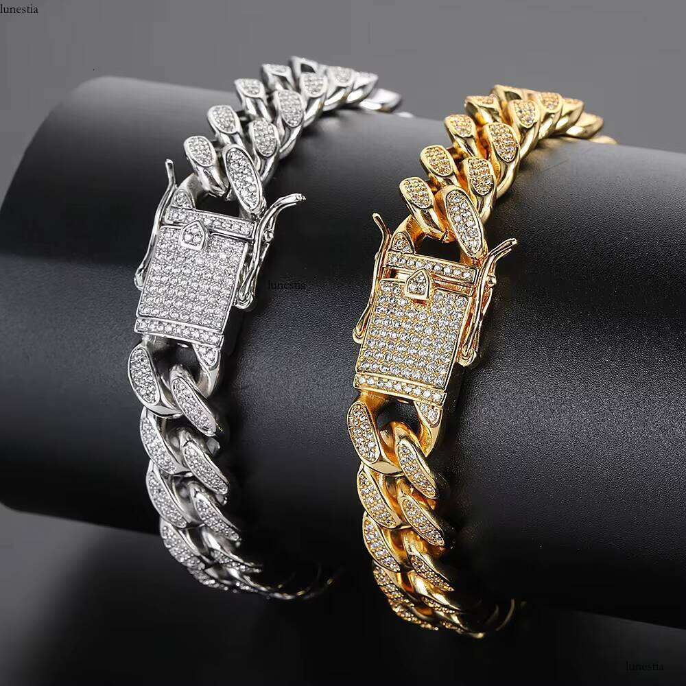 NUOYA Trendy 12MM Gold Plated Cuban Chain Double Row Full Dia Men's Hip Hop Bracelet Wholesale Fashion Jewelry