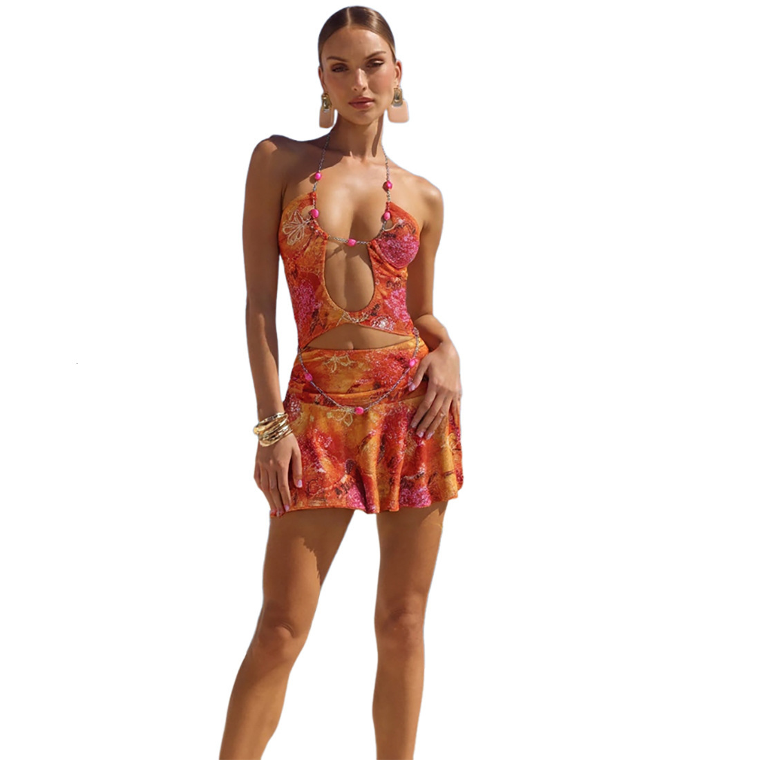 2025 Summer New Womens Fashion Halter Neck Beaded Chain Printed Short Dress Sexy Vacation Dress