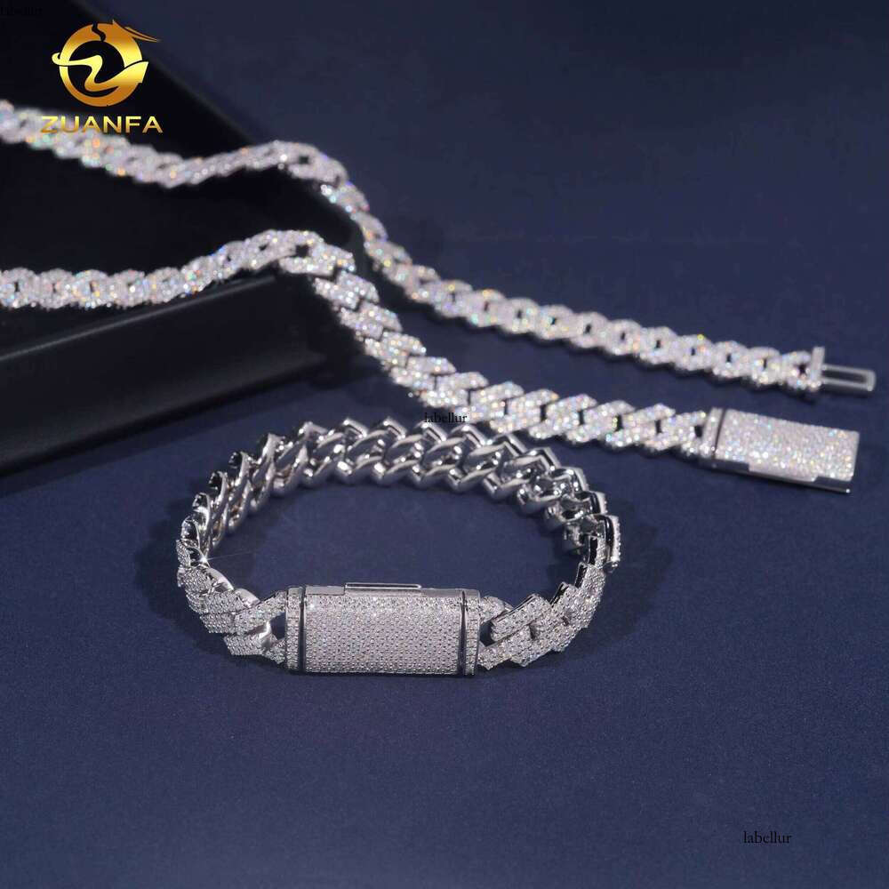 13Mm 2Row Hip Hop Jewelry Iced Out Cuban Chain Sterling Sier With Sandstone Men's Bracelet Necklace