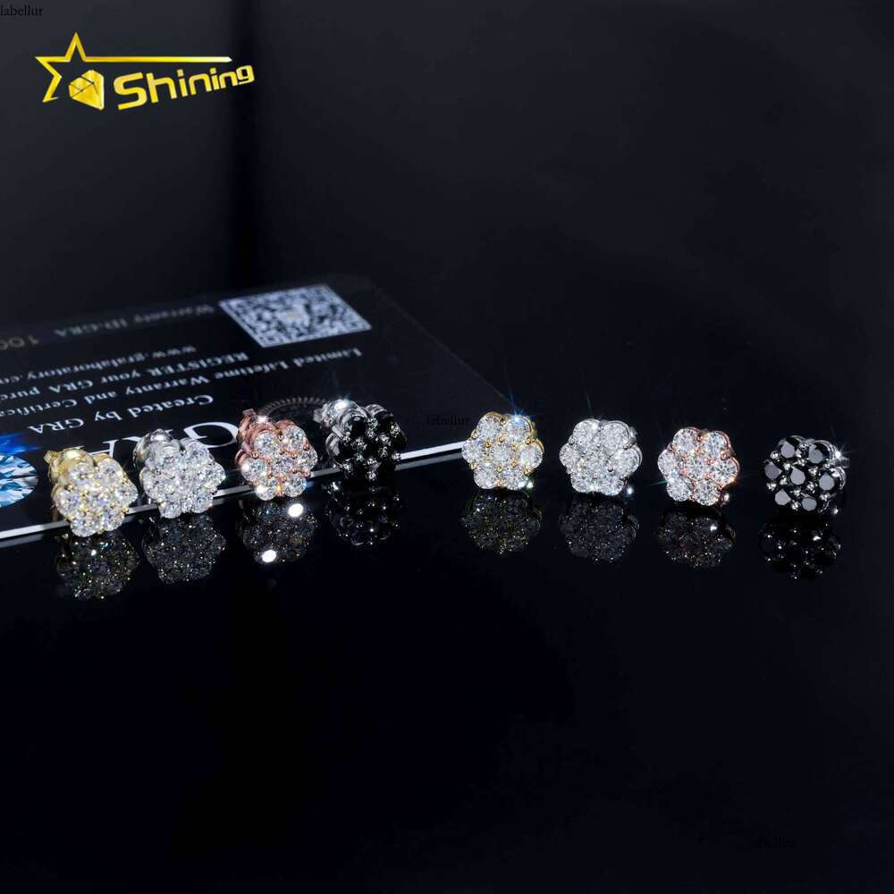 RTS Men's Hip-Hop Jewelry Sterling Sier White Black 8mm Cluster Flower Pyroxene Stud Earrings with GRA Certificate