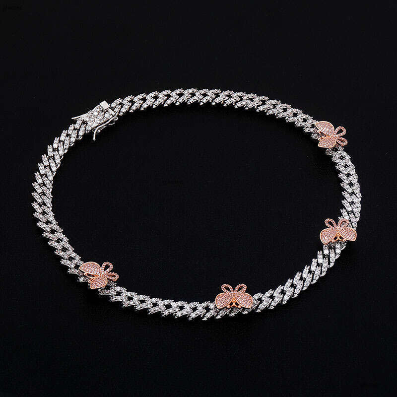 Hip Hop Rap Trend Micro Paved Moissanite chain Colorful Pink Butterfly New 8mm Cuban Necklace Couple