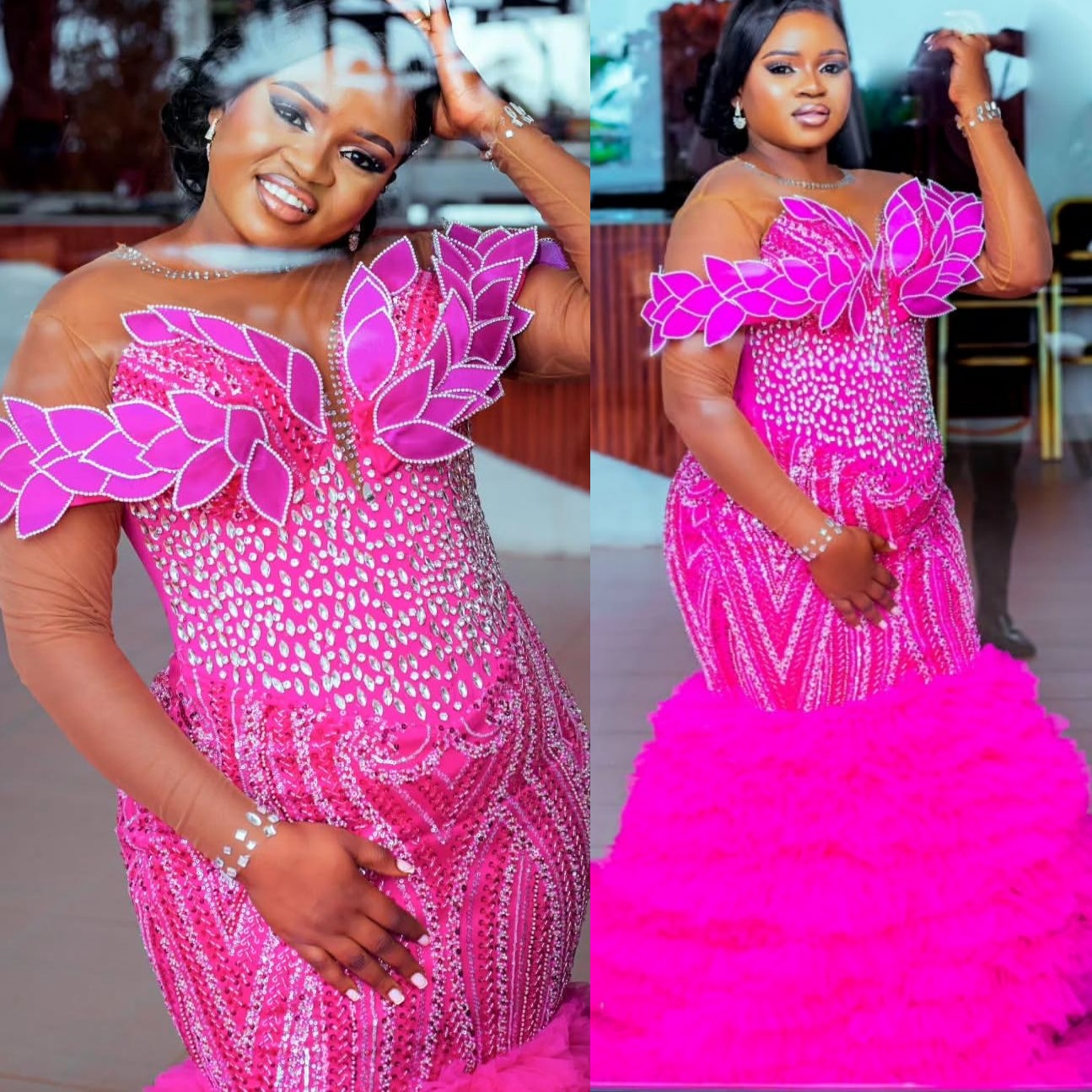 Mermaid Fuchsia Prom Dresses 2025 Crystals Florals Tiers Luxurious Evening Formal Party Second Birthday Engagement Gowns Plus Size Dress For Special O