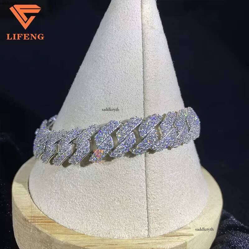 12mm Link Chain 2row Dia Sterling Sier Men VVS D Moissanite Hiphop Cuban Bracelet