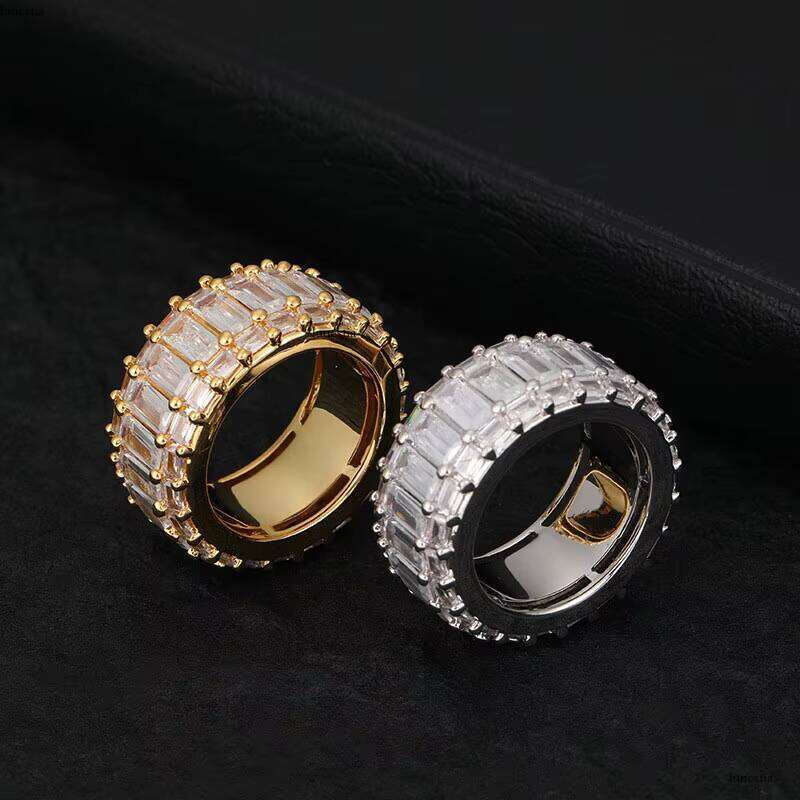 1mm Width Gold Dia Rings Hip Hop Iced Finger Jewelry Shiny CZ Stone Sier Plated Baguette Ring