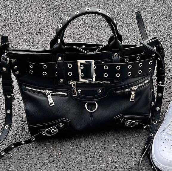 JIAERDI Rivet Black Tote Bag Women Y2k Grunge Vintage Large Capacity Crossbody Bags Ladies Moto Biker Designer Handbag