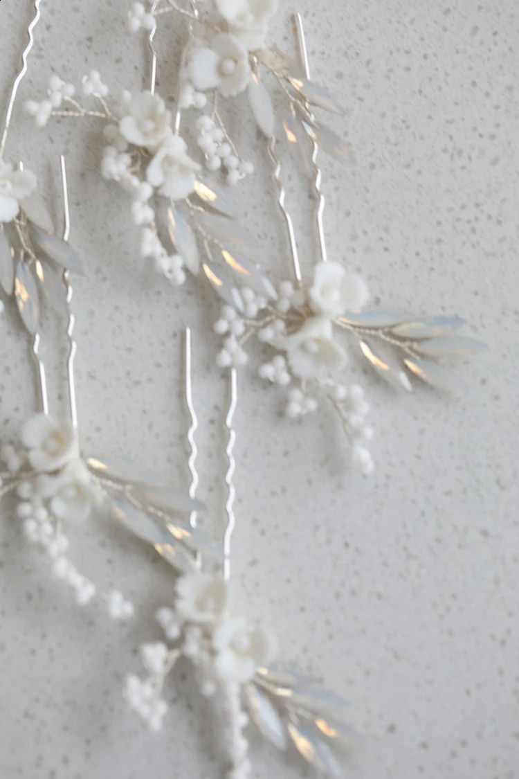 Porcelain Flower Hair Pins Clips Opal Head Pieces Gold Silver Color Hairpins For Brides Women Bridal Jewelry Wedding Accessories 250807