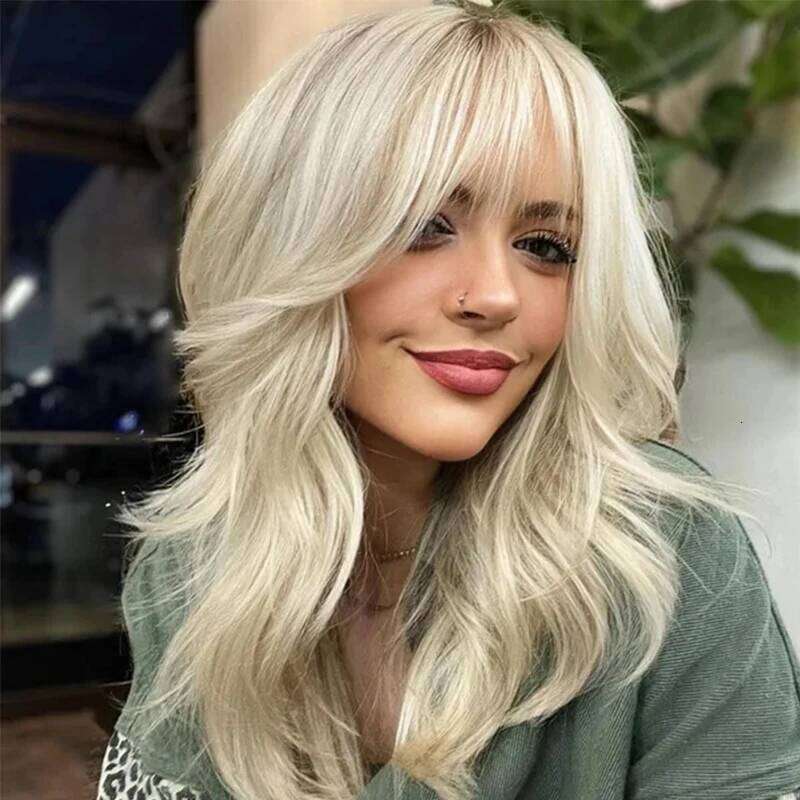 Platinum Blonde Synthetic Wig with Bangs Medium Length Layered Wigs for Women Natural Roots Cosplay Party Hair Heat Resistant