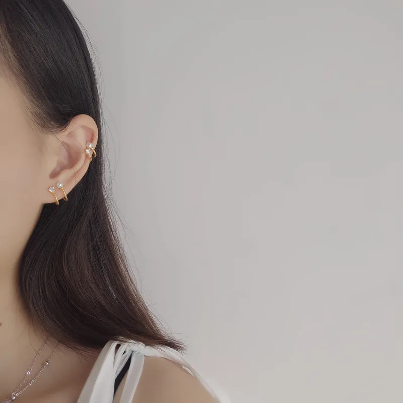 Korean S925 Sterling Silver Fashion Pearl Double Layer Ear Bone Clip Earrings Woman Elegant Classic Dinner Party Jewelry Gift 250807