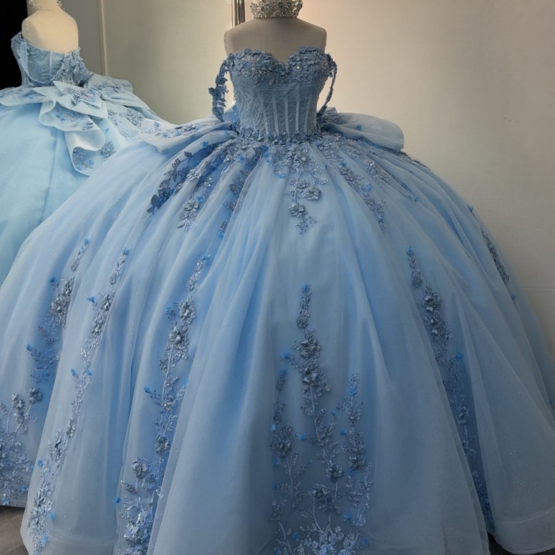 Sky Blue Shiny Quinceanera Dresses Off The Shoulder Applique Lace Beads Bow Tull Corset Ball Gown Vestidos De 15 Anos Sweet 16 Dress