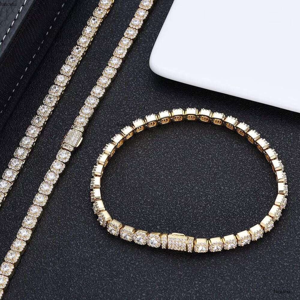 NUOYA 5mm Clustered Sier Gold Plated Iced Out Dia Hip Hop Jewelry Round Zircon Tennis Chain Bracelet