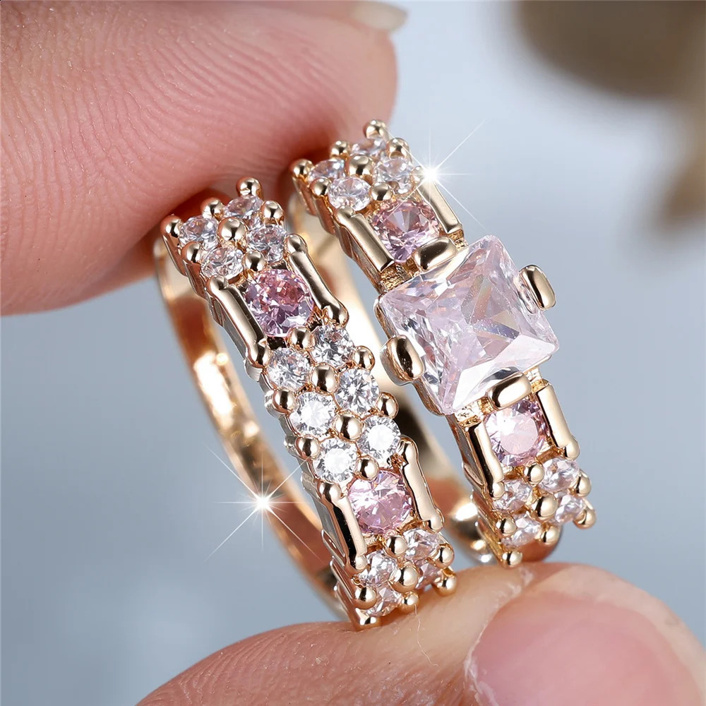Crystal Female White Pink Zircon Stone Ring Set Gold Color Bridal Wedding Promise Love Engagement Jewelry For Women 250807