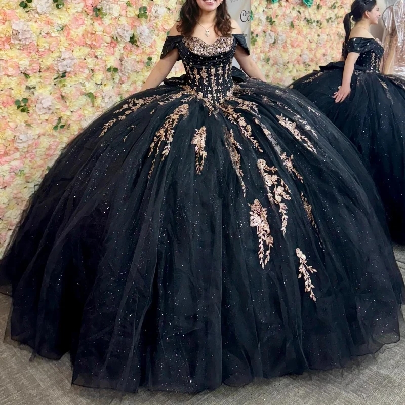 Black Quinceanera Dresses Ball Gown Off The Shoulder Gold Applique Lace Beads Bow Tull Party Birthday Sweet 16 Dress Vestidos 15 Anos