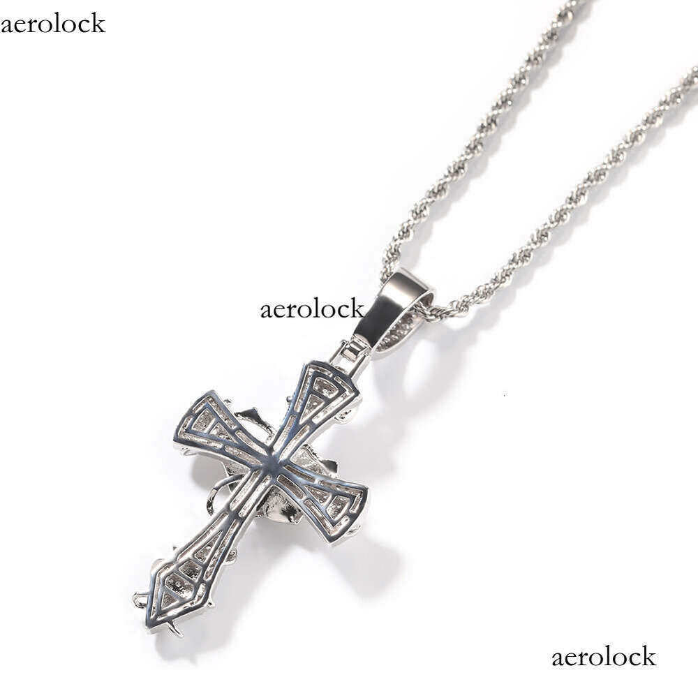 Sweater Chain Sterling Silver Inlaid 5A Moissanite chain Rose Cross Pendant Necklace Hip Hop Light Accessory