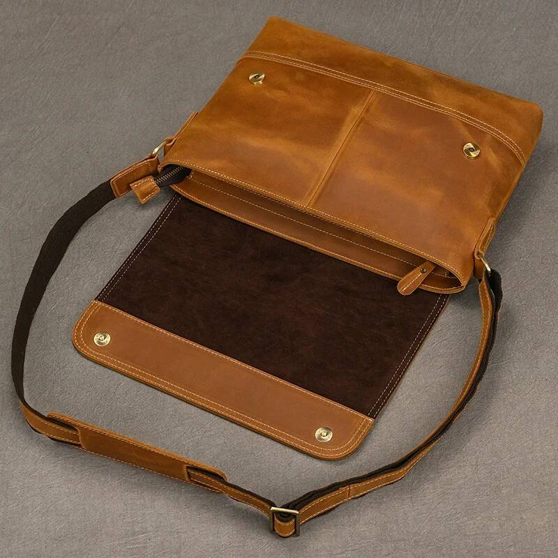 Men's Vintage crazy horse messenger A4 Genuine shoulder iPad Thick Cow leather school bag magnetic flap