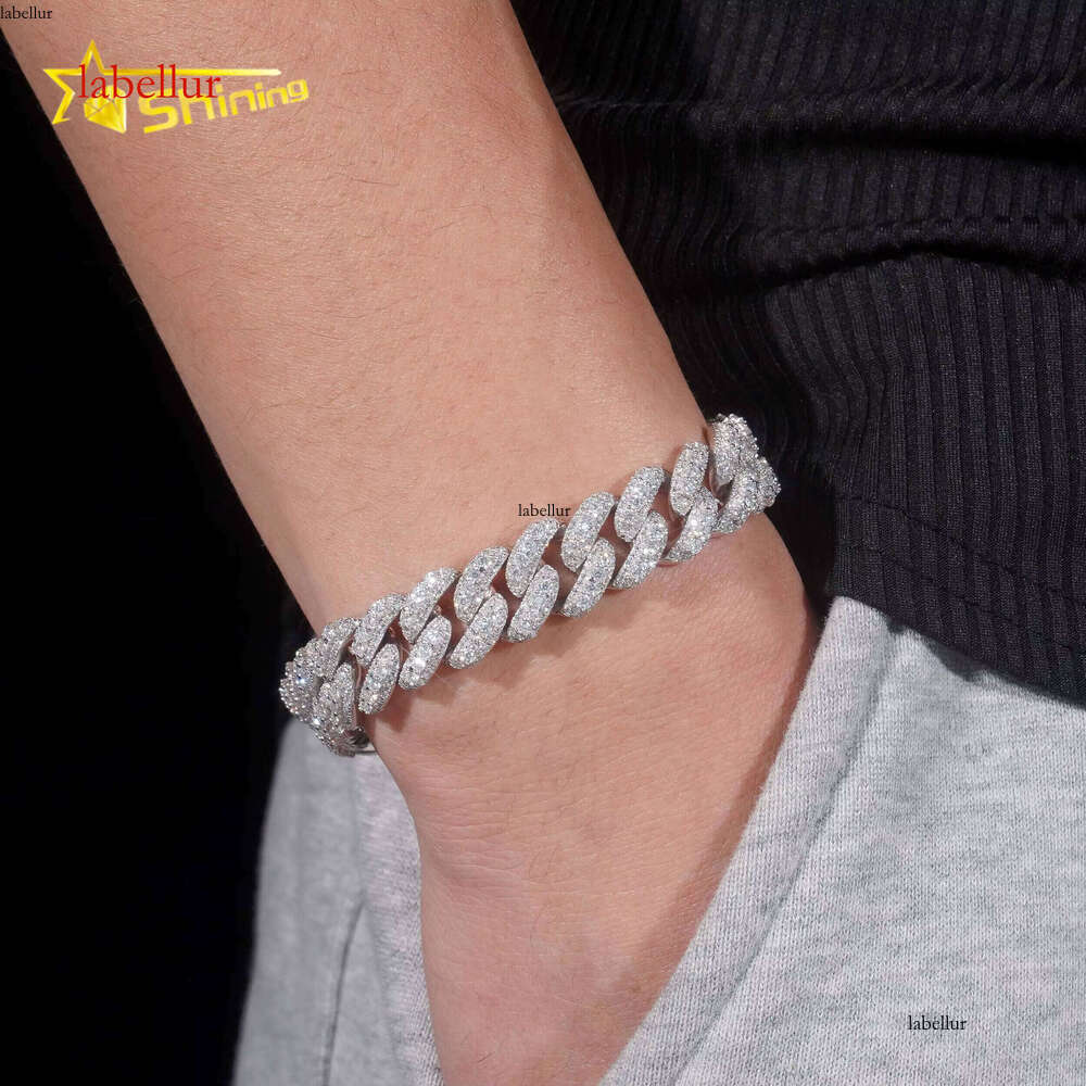 Hip Hop GRA Certificate 13mm Moon Shape Silicon Stone Cuban Chain Bracelet Sterling Sier Men's Boutique Jewelry