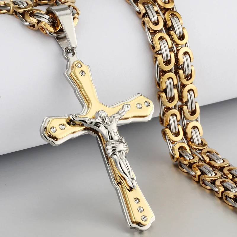 Ancient Men Stainless Steel Crystal Jesus Christ Holy Crucifix Cross Pendant Necklace Byzantine Chain Necklaces Jewelry Gifts 250805