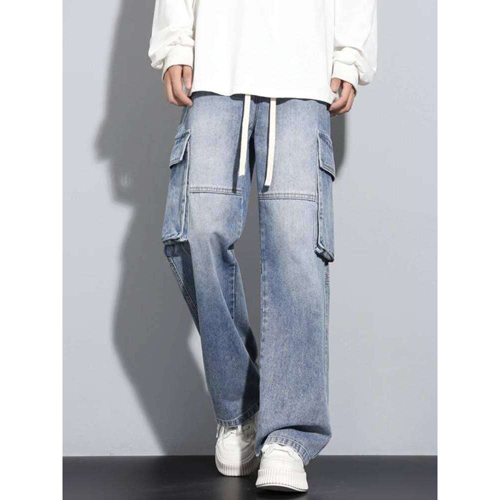 New Men's Baggy Straight Cargo Jeans Elastic Waist Vintage Blue Black Smoky gray Denim Pants Fashion High Street Male Trousers