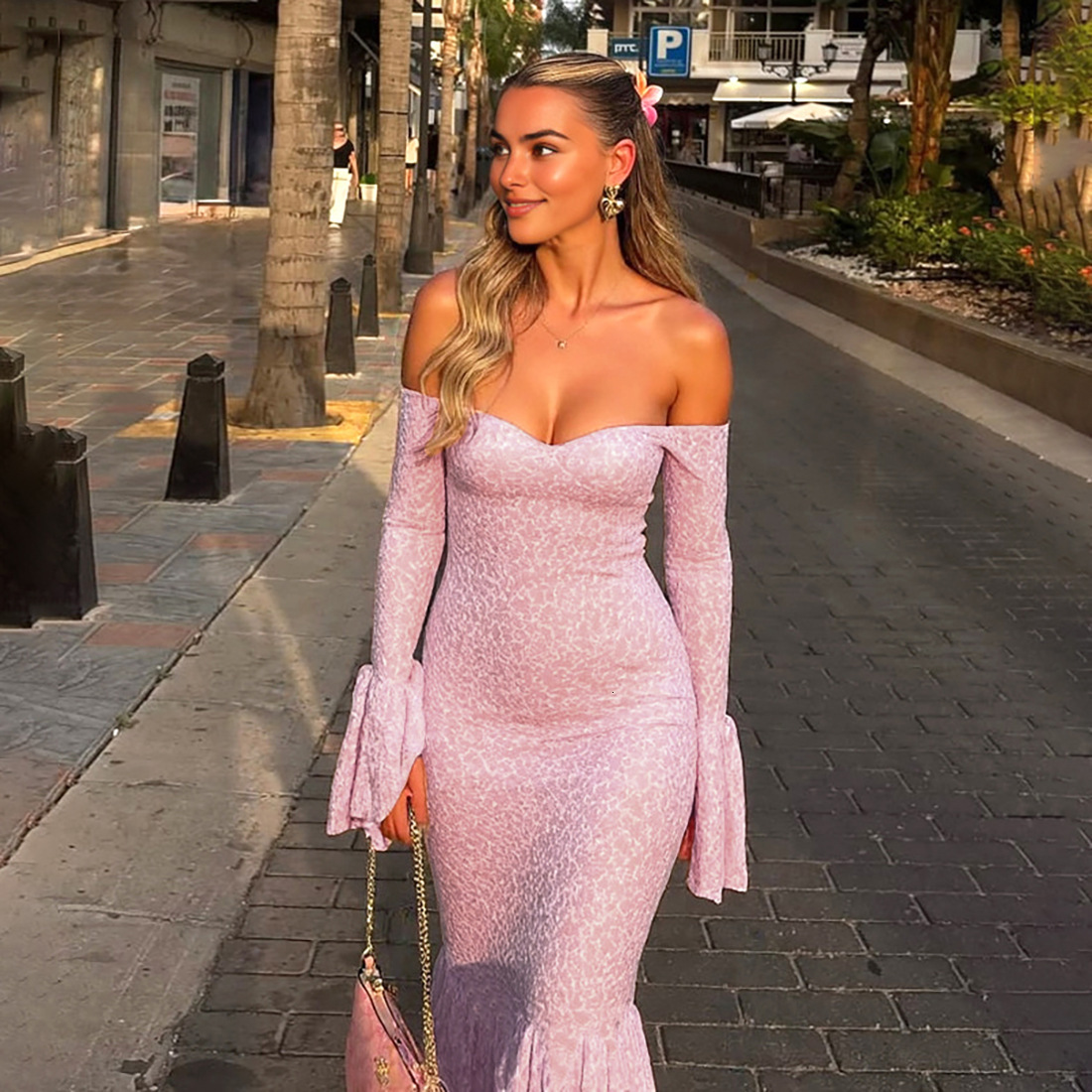 2025 Summer New Womens Fashion Sexy Off-Shoulder Long Dress High Waist Slim Fit Bodycon Dress
