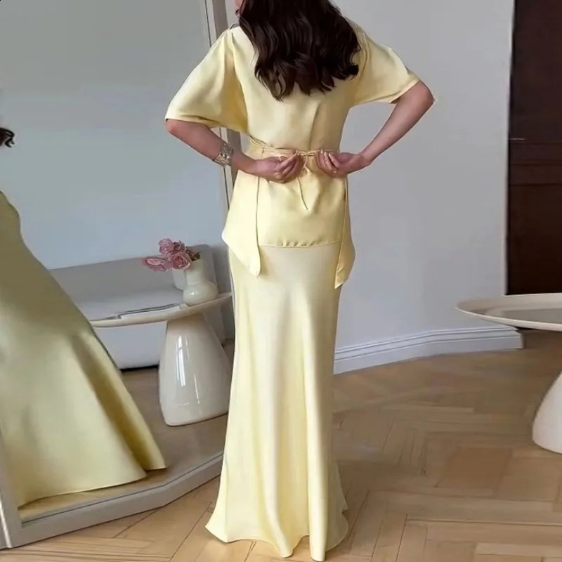 Spring Summer Satin Long Dress Suit White Elegant Crew Neck Cross Tie-up Top Bodycon Skirt Set 2 Piece Chic Solid Woman Outfit 250808