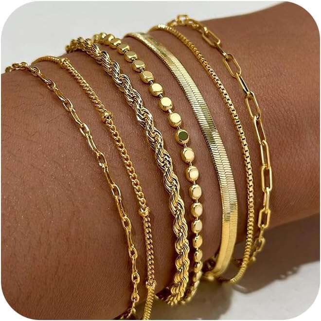 ty 14K Plated Stack Set Trendy Stackable non tarnish Paperclip Chain Bracelets Gold Jewelry Sets Gifts for Women