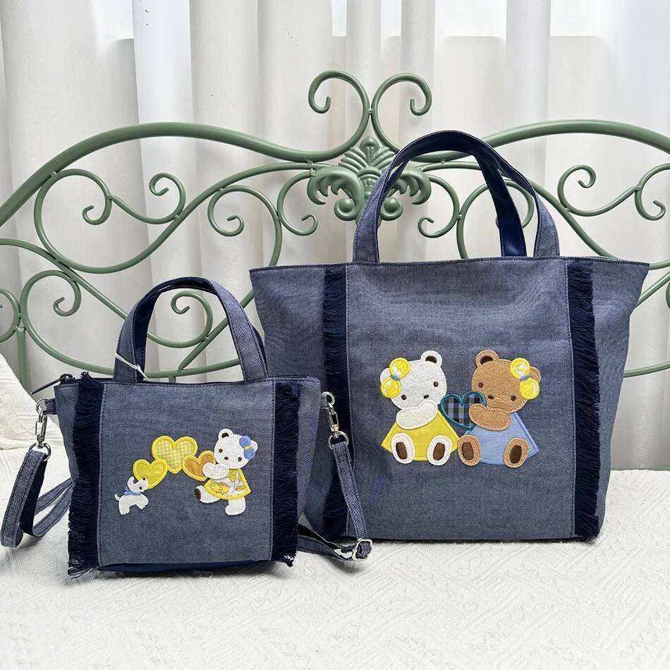 New Women Cute Bear Embroidery Handbag Large Capacity Lightweight Casual Card Ladies Denim Tote Bag 780842