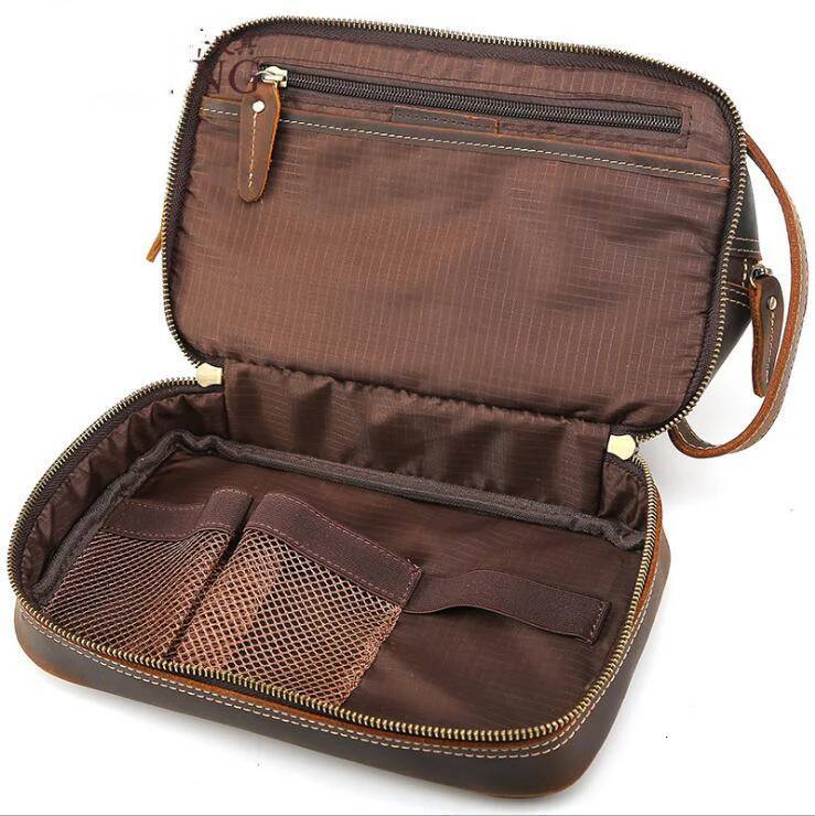 Newsbirds Thick Leather Clutch Bag mens wash storage genuine leather Toiletry kits bag real cowskin make up day clutch