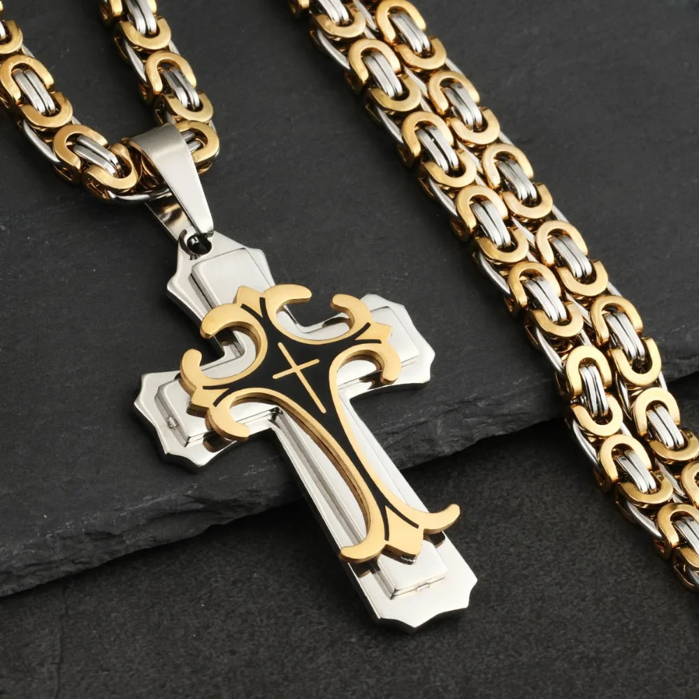 Vintage Stainless Steel Fleur-de-lis Cross Necklaces Pendants Long Byzantine Chain Necklaces Men Jewelry NC07 250805