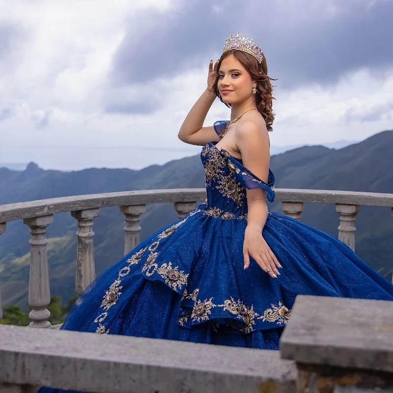 Royal Blue Quinceanera Dresses Ball Gown Off The Shoulder Applique Lace Beads Tull Corset Party Birthday Sweet 16 Dress Vestidos 15 Anos