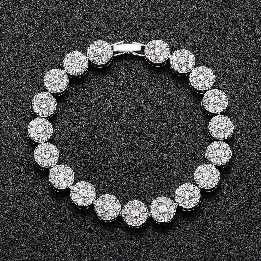 Alloy 10mm Flower Petal Round Cuban Chain Men's Cool Hip-Hop Full Dia Bracelet