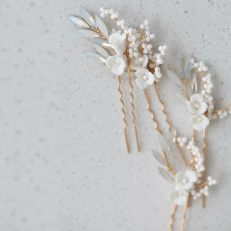 Porcelain Flower Hair Pins Clips Opal Head Pieces Gold Silver Color Hairpins For Brides Women Bridal Jewelry Wedding Accessories 250807