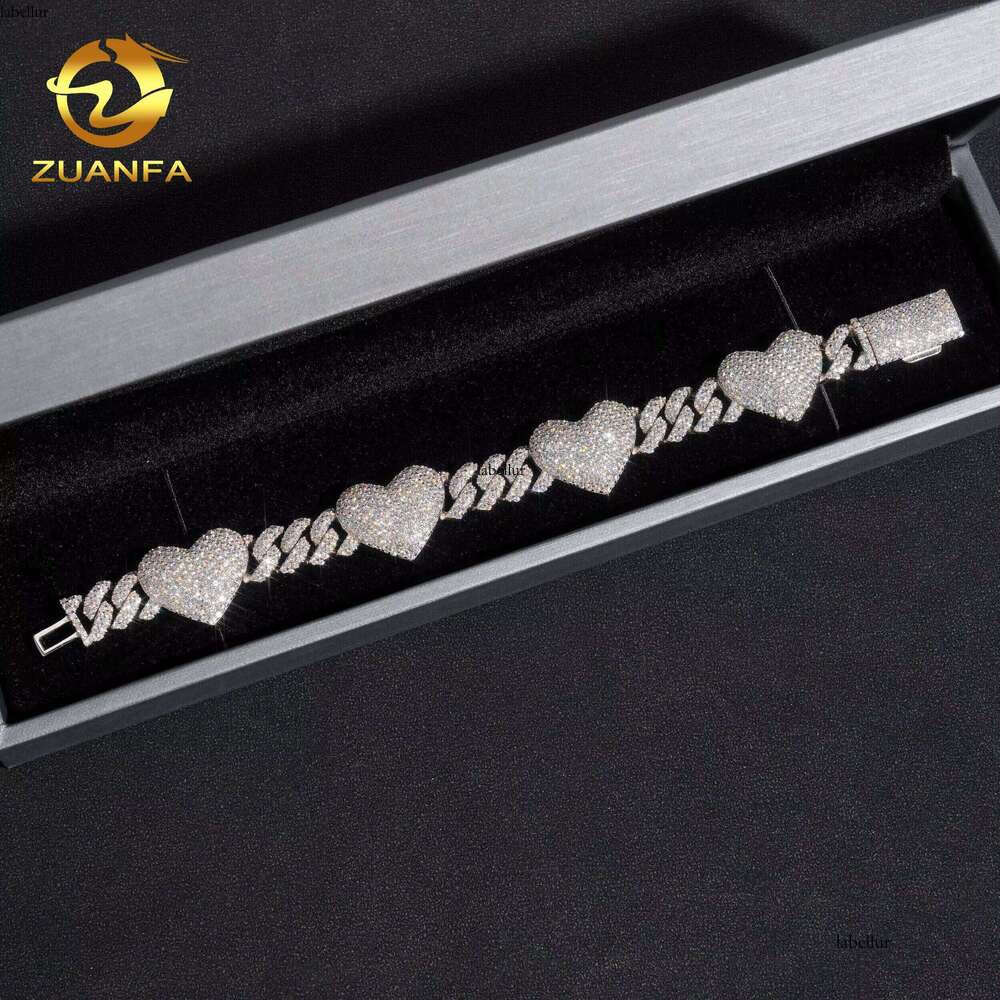 Fashion GRA Certificates Pass Tester Solid Sier 13Mm Iced Out Hip Hop Moissanite Dia Heart Link Chain Bracelet