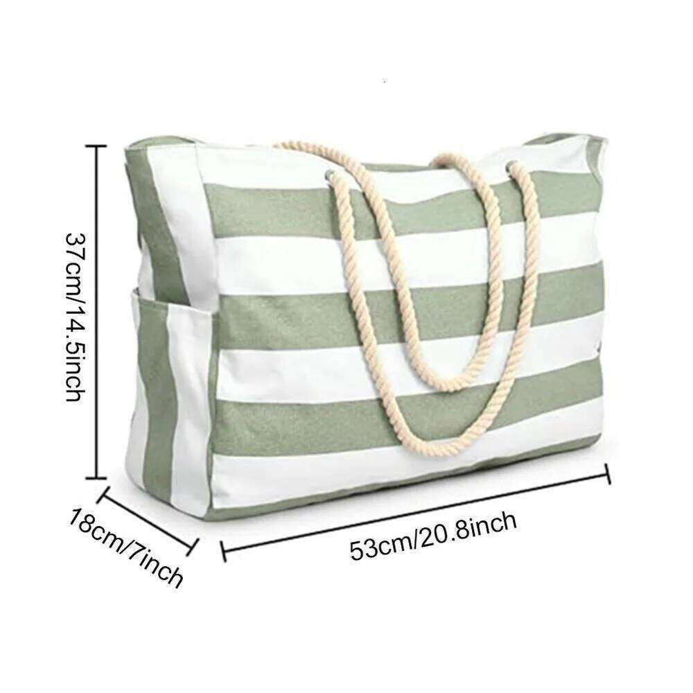 Women Beach Stripe Waterproof Sandproof Shoulder Large Capacity Canvas Tote Travel Overnight Swim Pool Bag